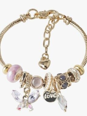 Gold-Tone Charm Bracelet with Pink Beads and Crystal Butterfly